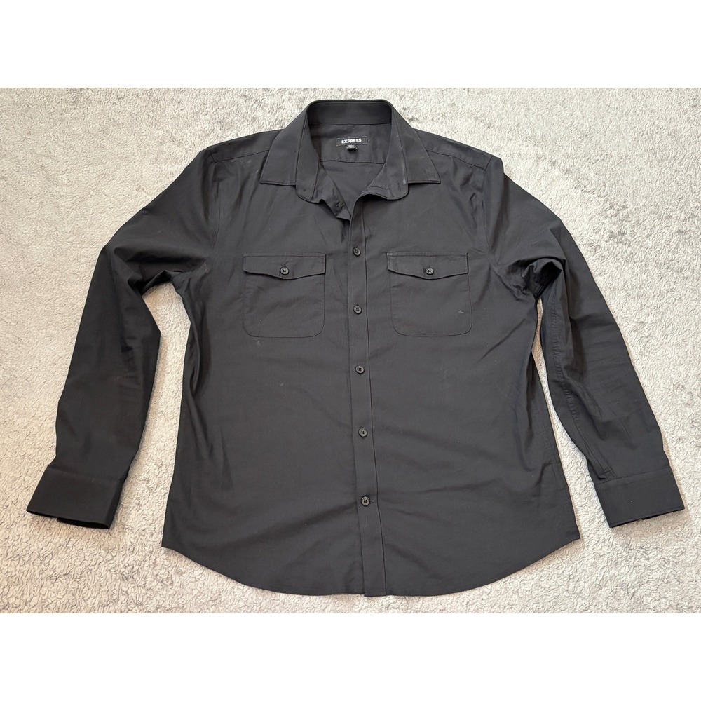 Express Mens Black Long Sleeve Button Up Shirt Utility Pocket Stretch Size M